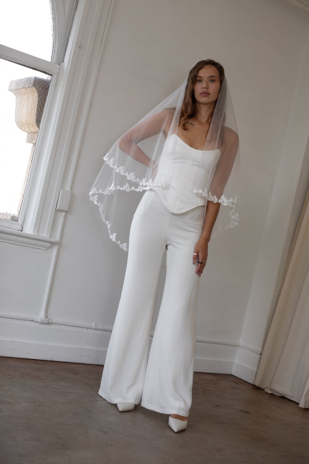 Floral trim blusher fingertip veil