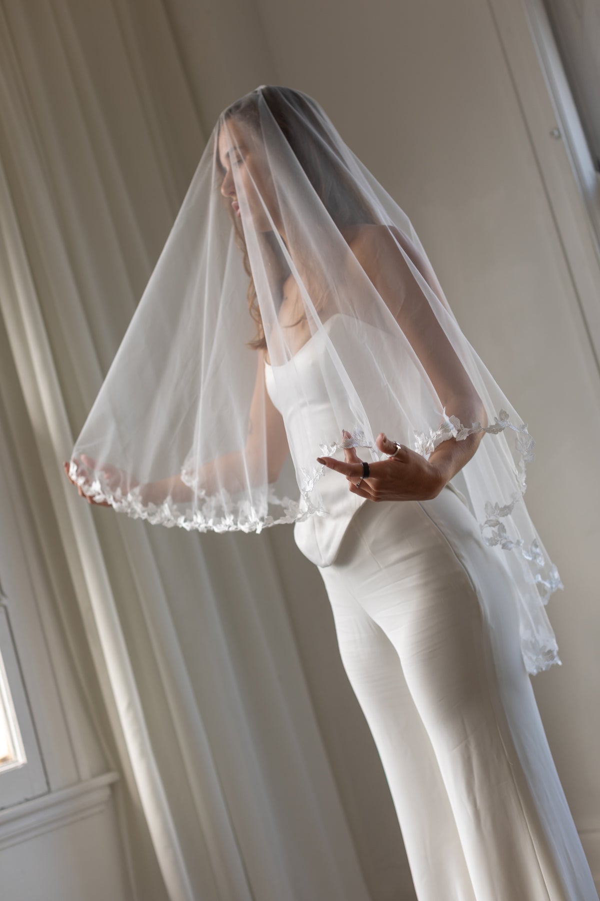 Floral trim blusher fingertip veil