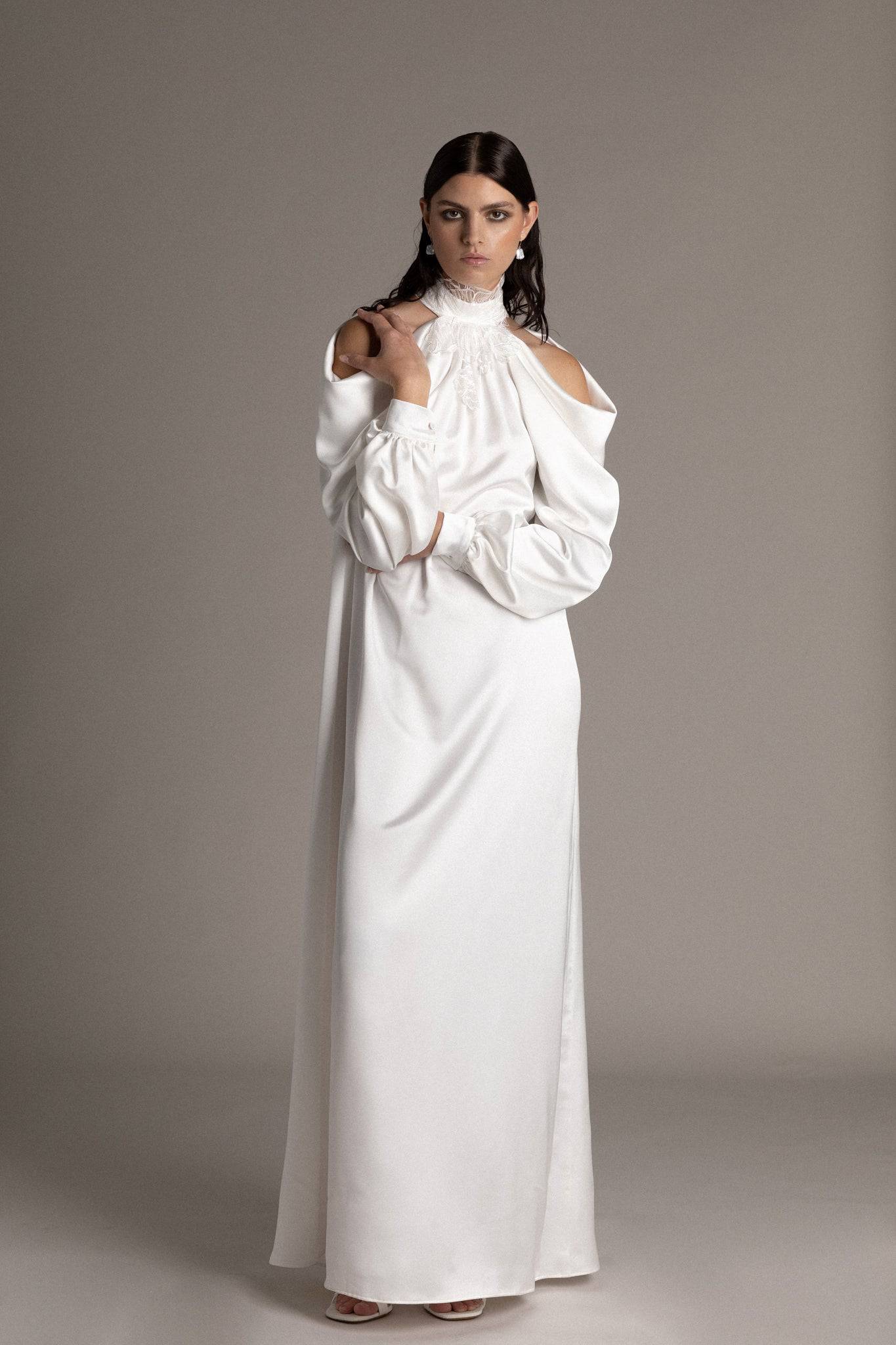 MATTE SATIN COWL SLEEVE GOWN