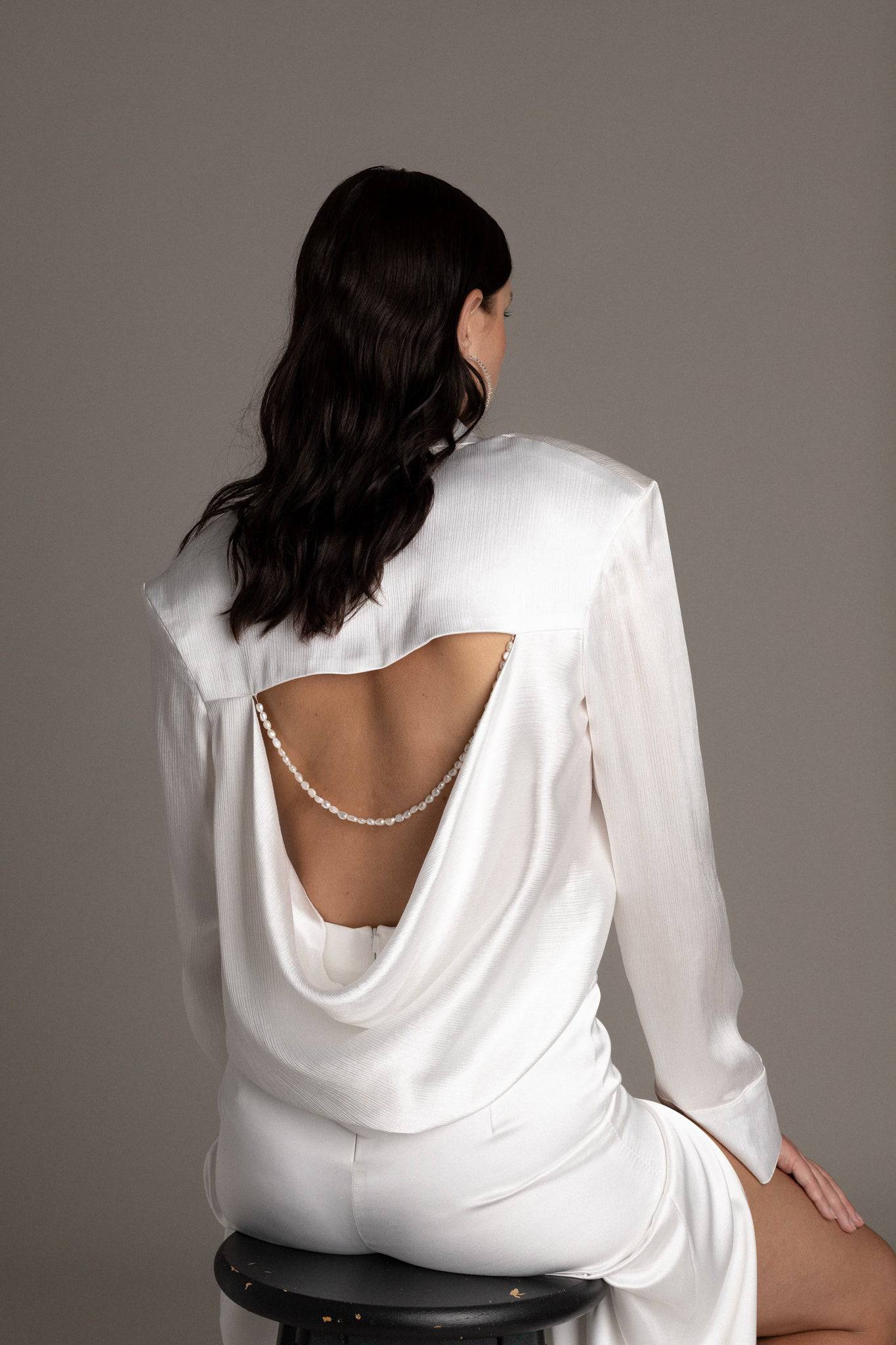 OPEN BACK SATIN PEARL SHIRT