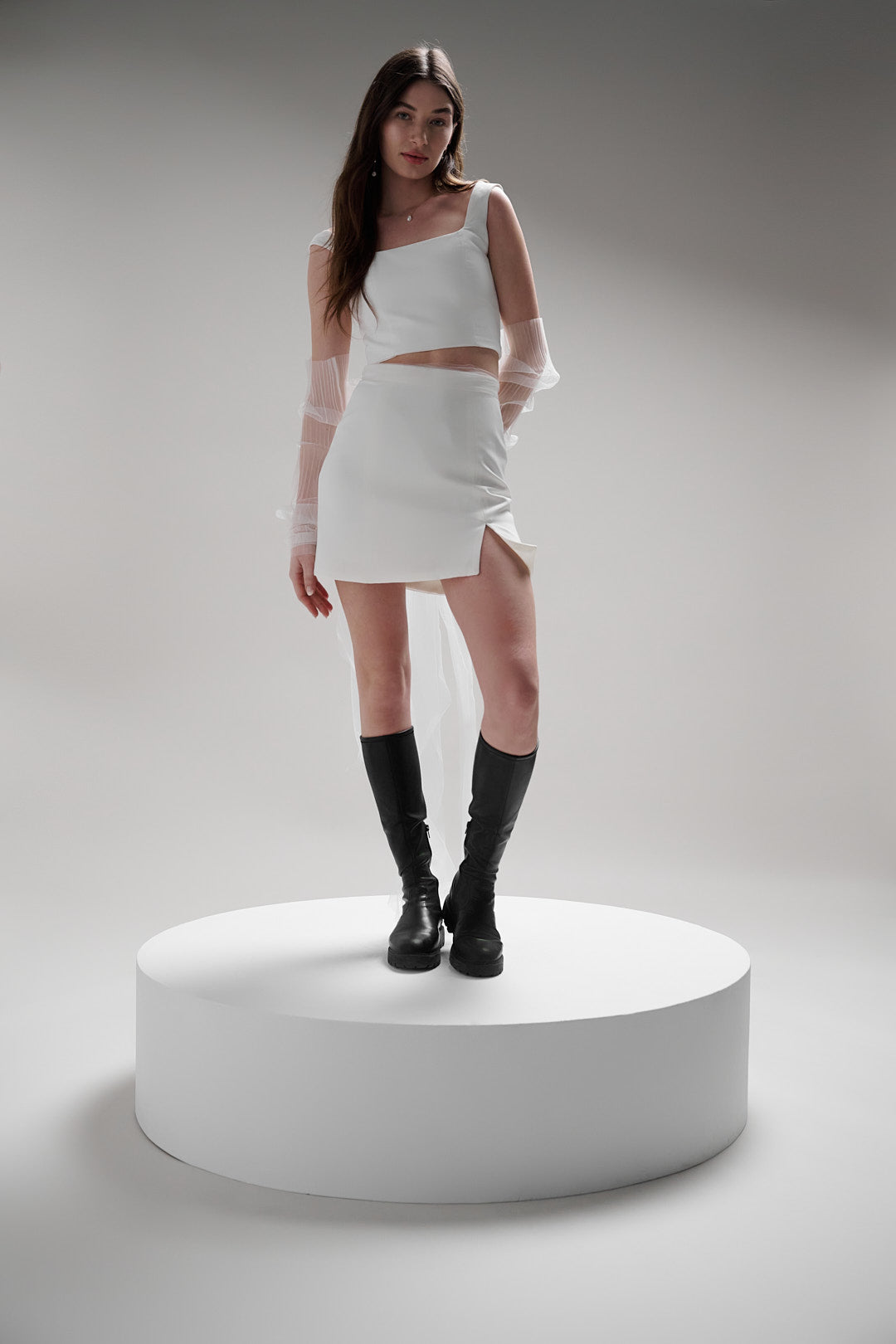 The perfect mini skirt for the bold and modern bride who loves to make a statement. This rebellious piece is designed to turn heads and is a must-have for those who aren't afraid to break bridal fashion traditions.