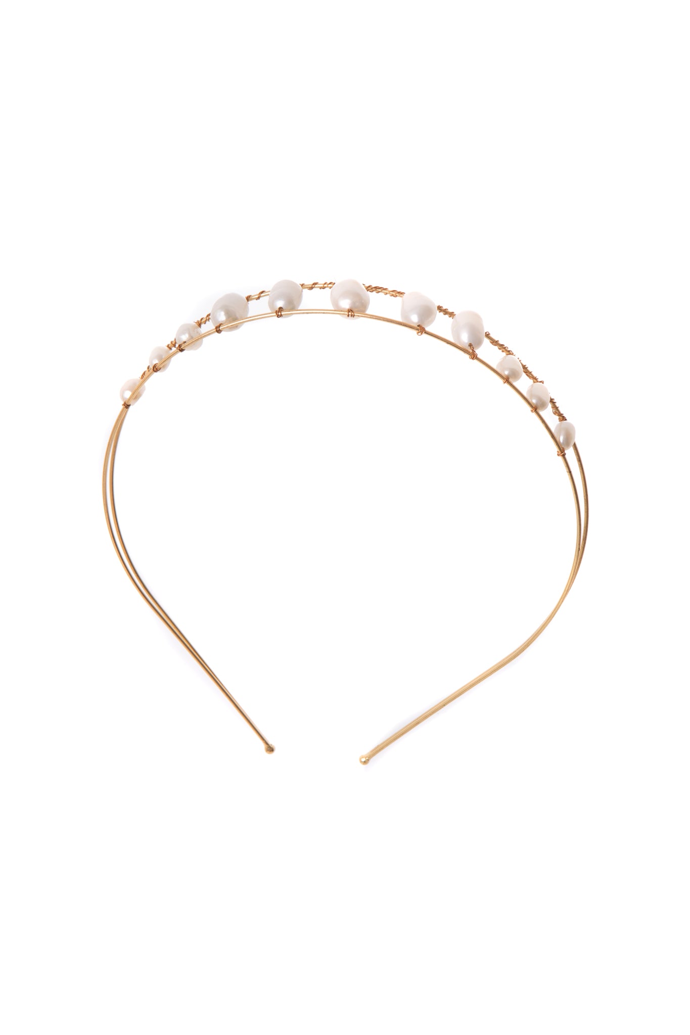 Crafted with freshwater pearls, hand-wired onto two thin bands, this delicate headband will lend a unique, yet chic beauty to your look.